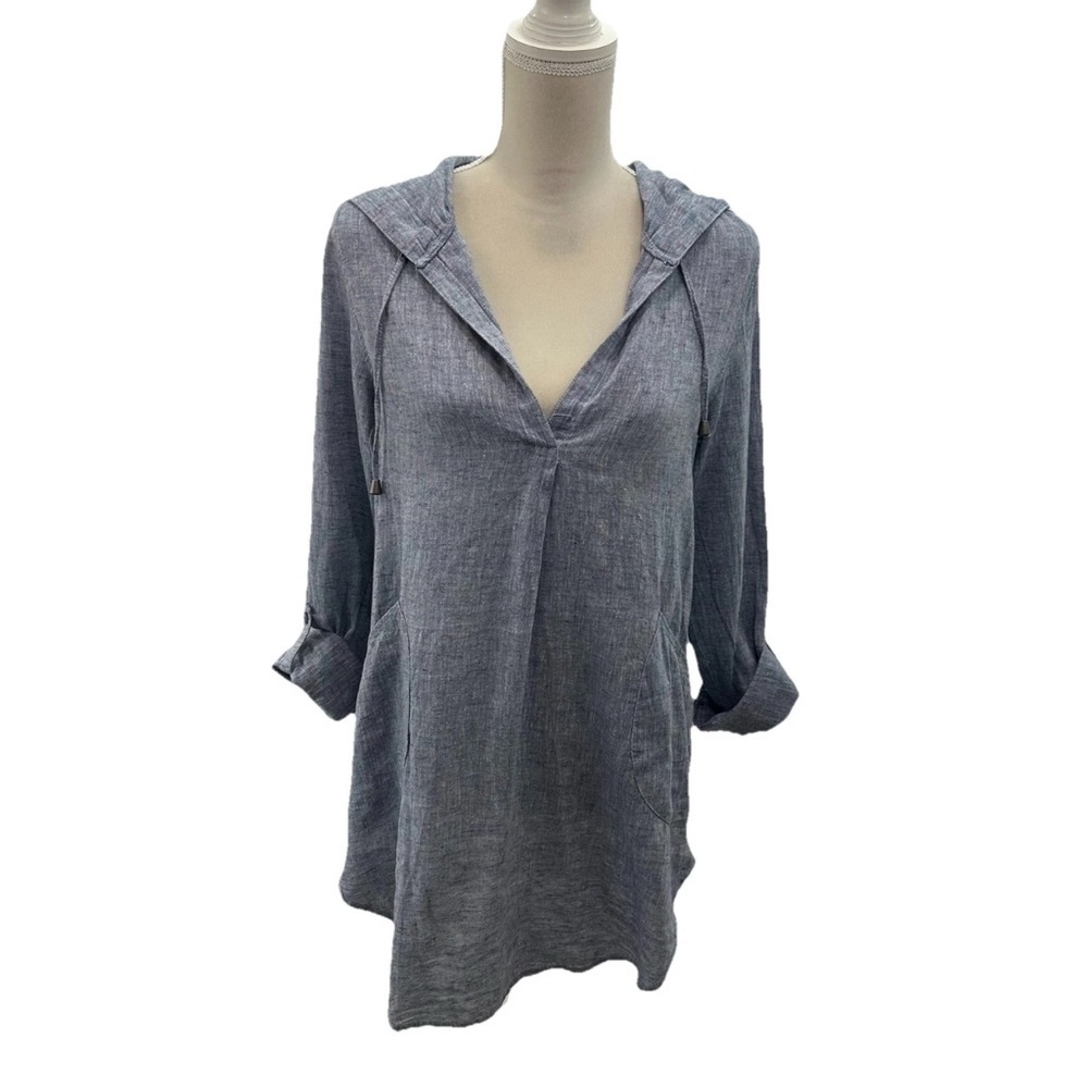 For Cynthia Beachwear Forcynthia Linen Hooded Coverup Blue Women’s Small Pockets